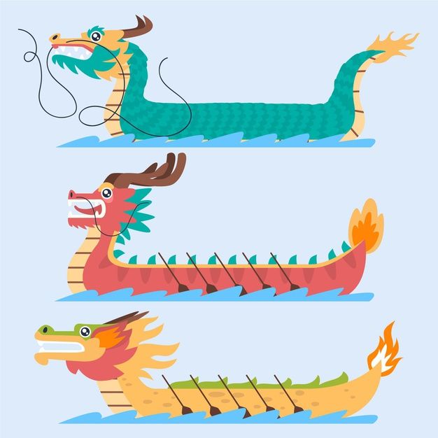 Three colorful illustrated dragon boats